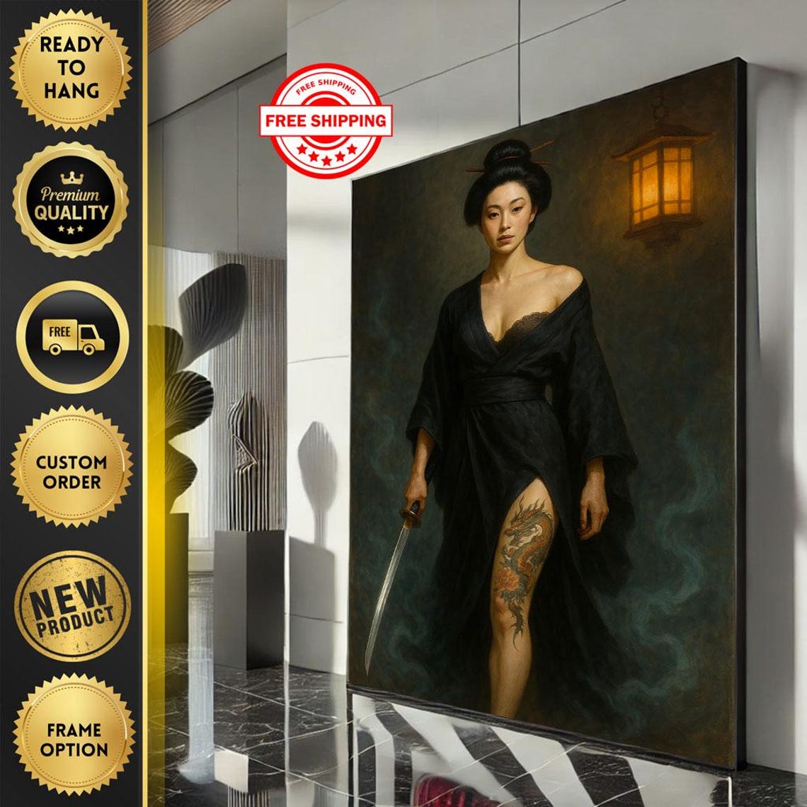 Black Kimono Swordswoman Dragon Tattoo Lantern Night Art Poster