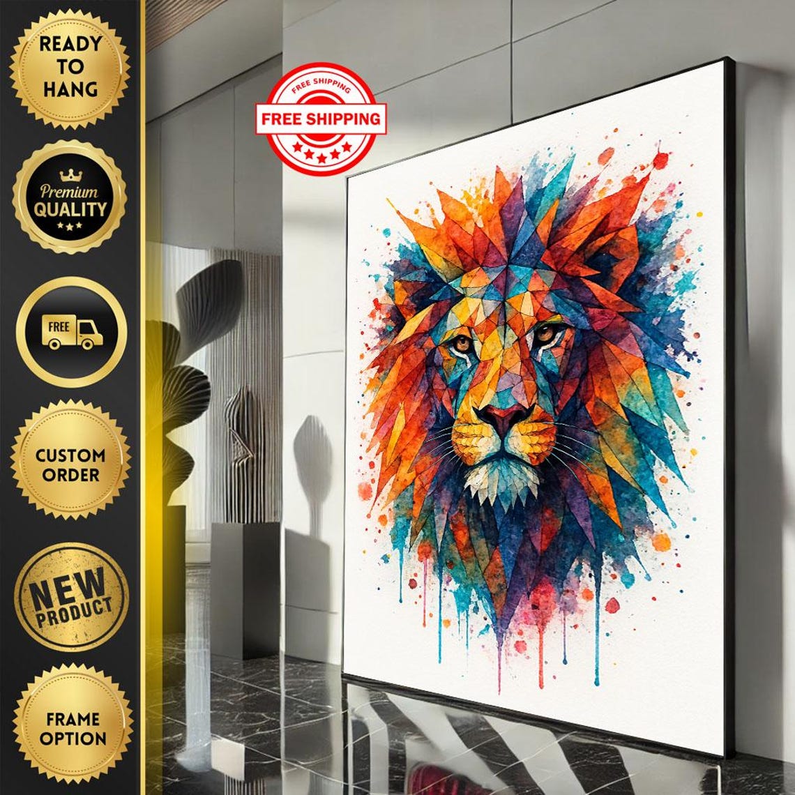 Vibrant Geometric Lion Canvas Wall Art Print Abstract Modern Living Room Decor Ready To Hang