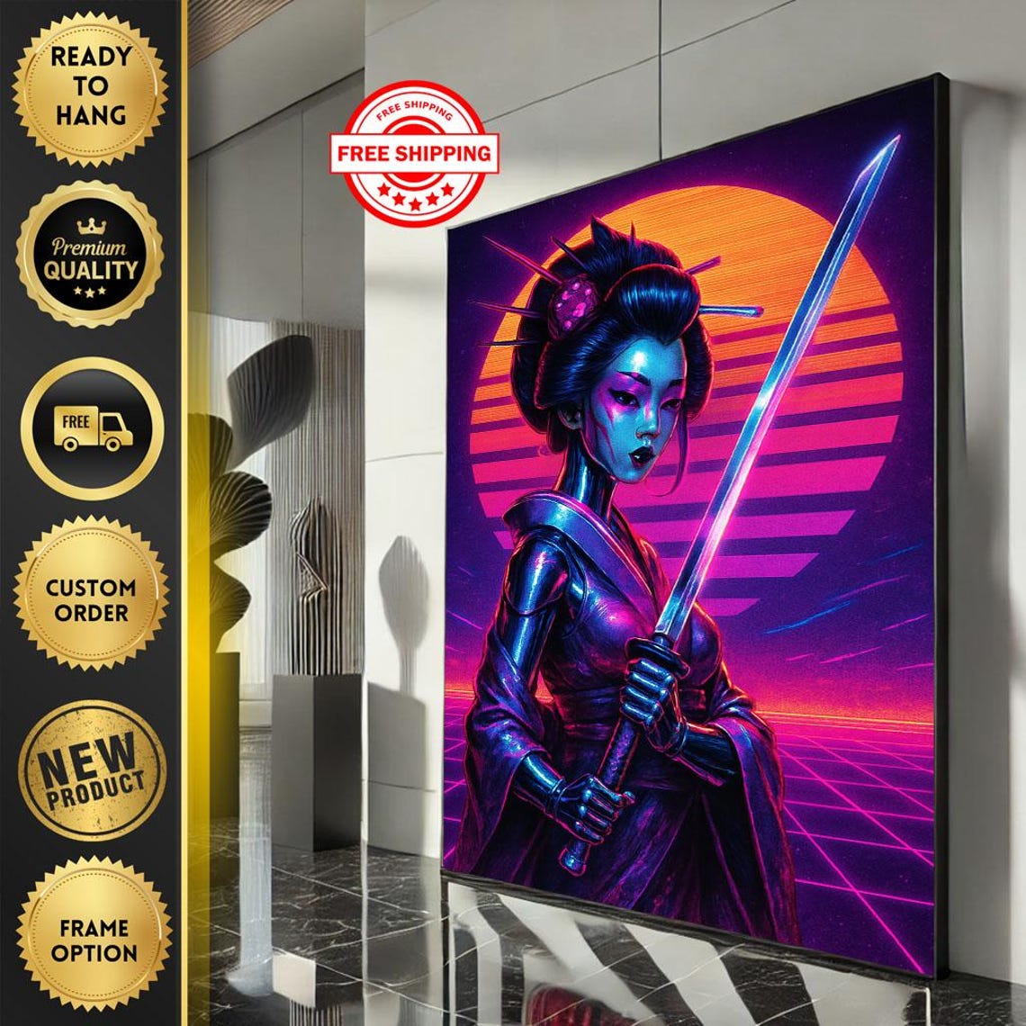 Neon Cyberpunk Samurai Woman Katana Retro Future Grid Art Poster