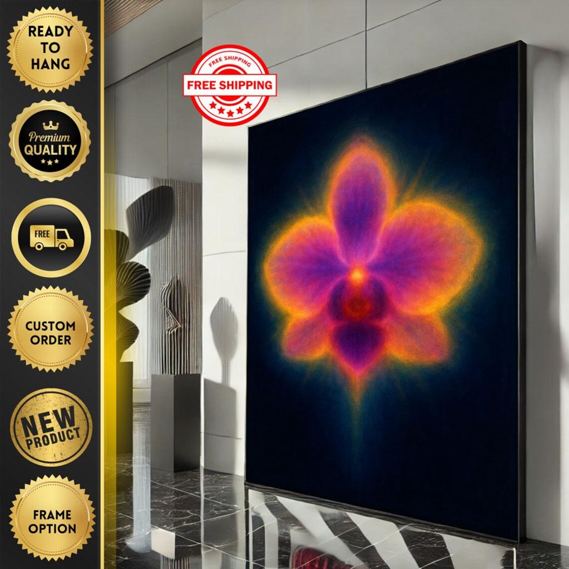 Vibrant Neon Orchid Flower Glowing on Black Background Art Poster
