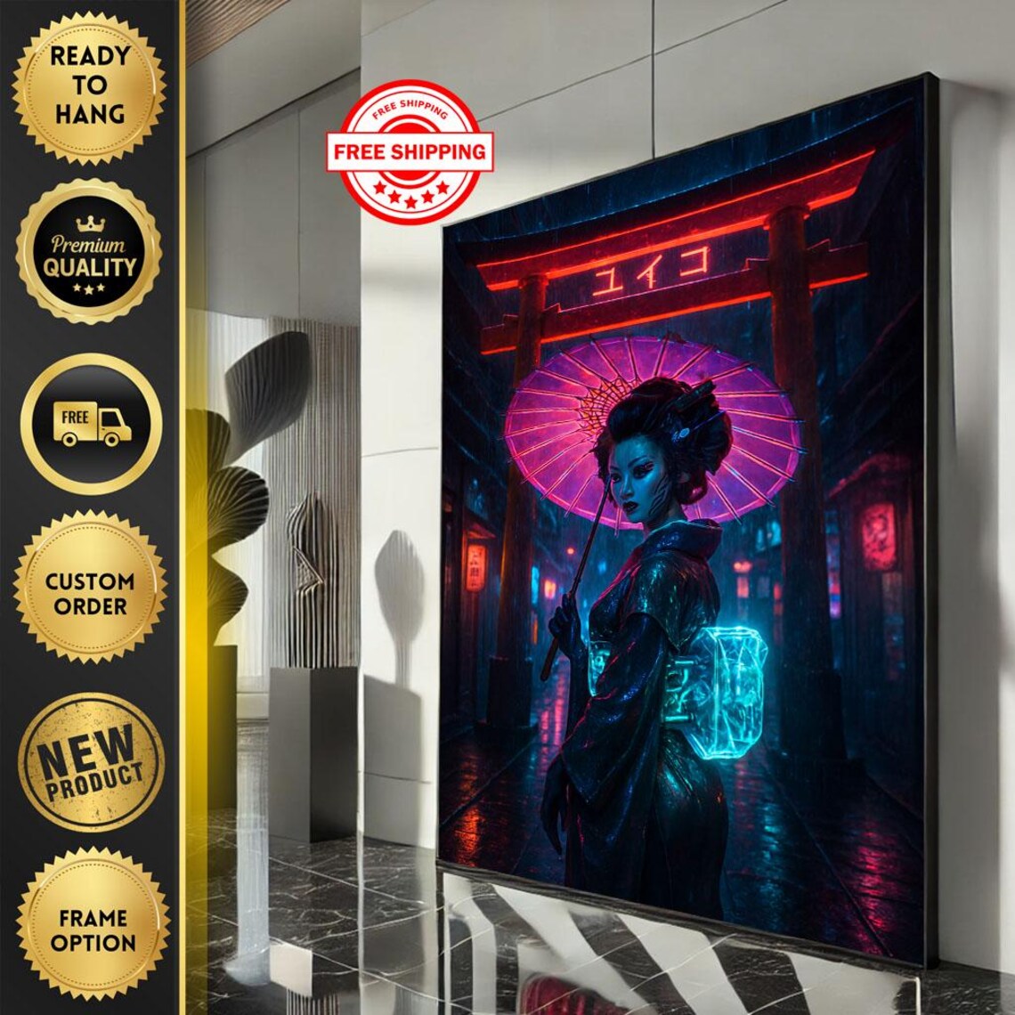 Cyberpunk Geisha with Neon Umbrella in Rainy Neon Street Poster