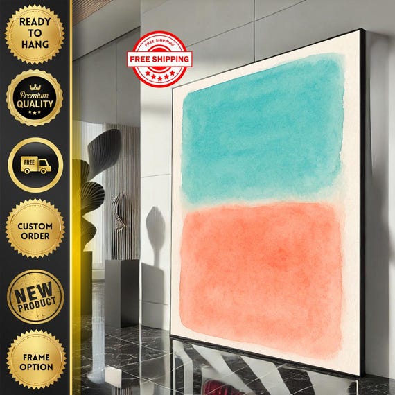 Mark Rothko Inspired Blue And Orange Canvas Bold Color Field Painting For Modern Living Room Decor Ready To Hang