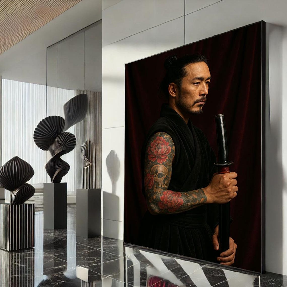 Tattooed Samurai Warrior Peony Skull Katana Dark Red Portrait Poster