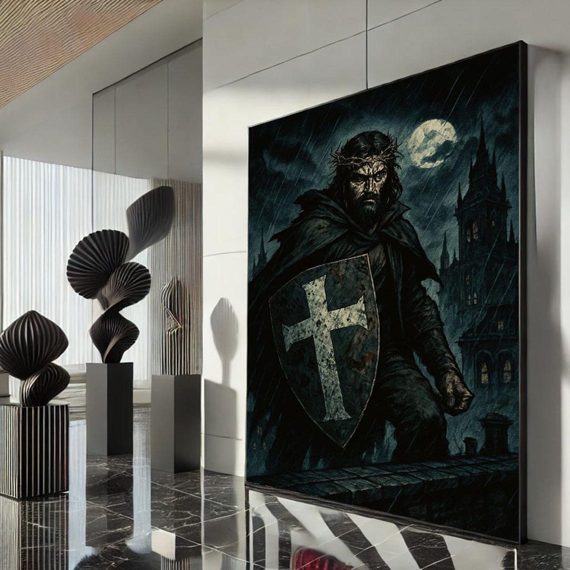 Gothic Knight Cross Shield Stormy Cathedral Dark Fantasy Poster