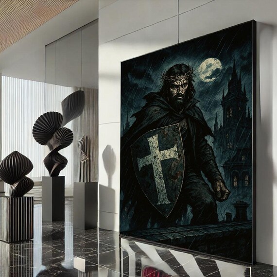 Gothic Knight Cross Shield Stormy Cathedral Dark Fantasy Poster