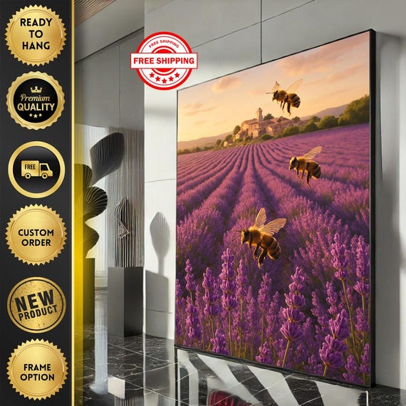 Lavender Field And Bees Canvas Wall Art Print Serene Nature Scene Living Room Decor Ready To Hang