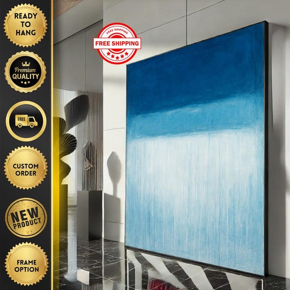 Mark Rothko Inspired Blue And White Canvas Bold Color Field Painting Reproduction For Modern Living Room Decor