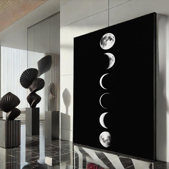 Moon Phases Vertical Black And White Minimal Celestial Art Poster