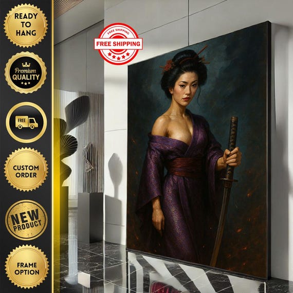 Elegant Japanese Woman With Sword Canvas Wall Art Print Bold Bedroom Decor Statement Piece