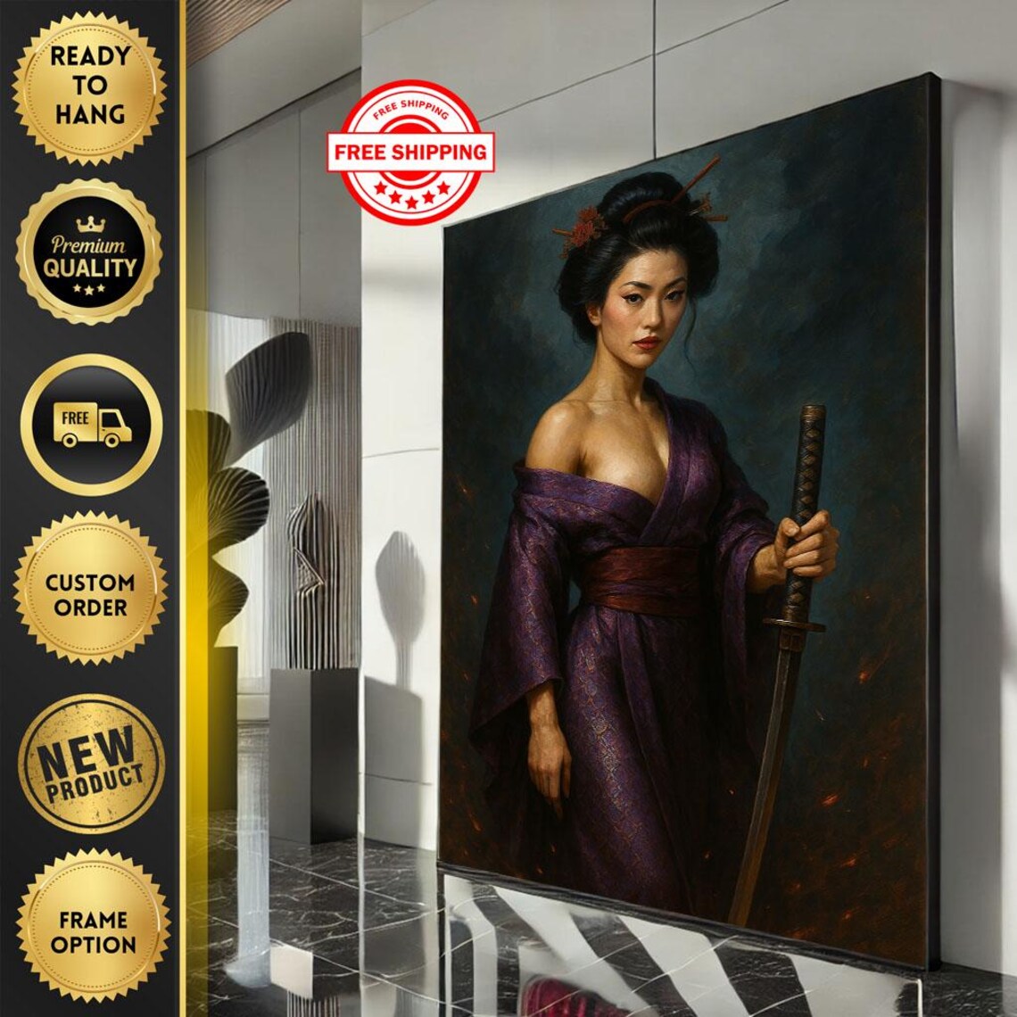 Japanese Samurai Woman Purple Kimono Sword Oil Painting Poster