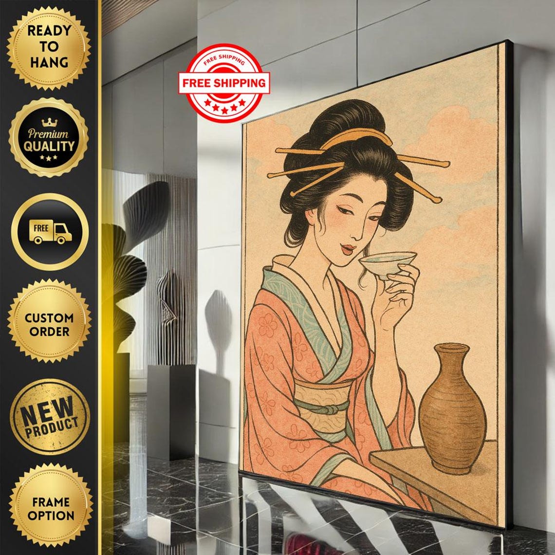 Geisha Drinking Sake Vintage Japanese Painting Warm Tones Poster