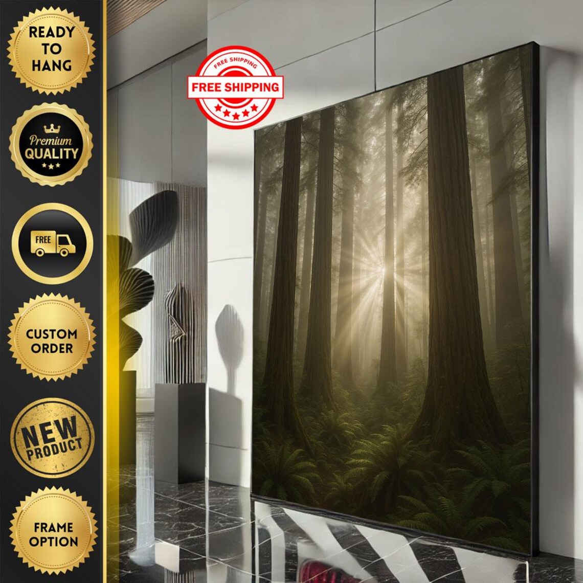 Mystical Forest Sunrise Misty Redwood Sunbeam Nature Art Poster