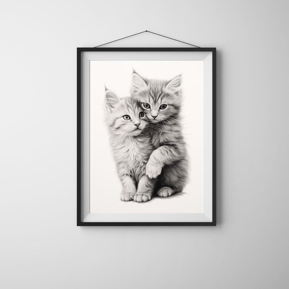Cuddling Kitten Pair Black And White Fluffy Tabby Kittens Illustration Poster