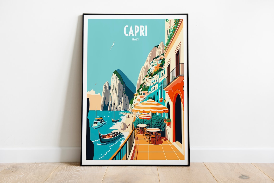 Capri Italy Faraglioni Rocks Terrace Cafe Retro Travel Poster