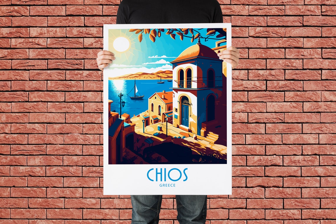 Chios Greece Harbor Church Tower Sailboat Vintage Travel Poster - Image 2