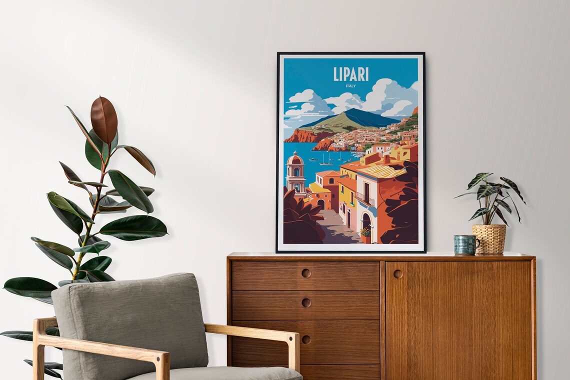 Lipari Italy Aeolian Island Harbor Sunset Retro Travel Poster - Image 4