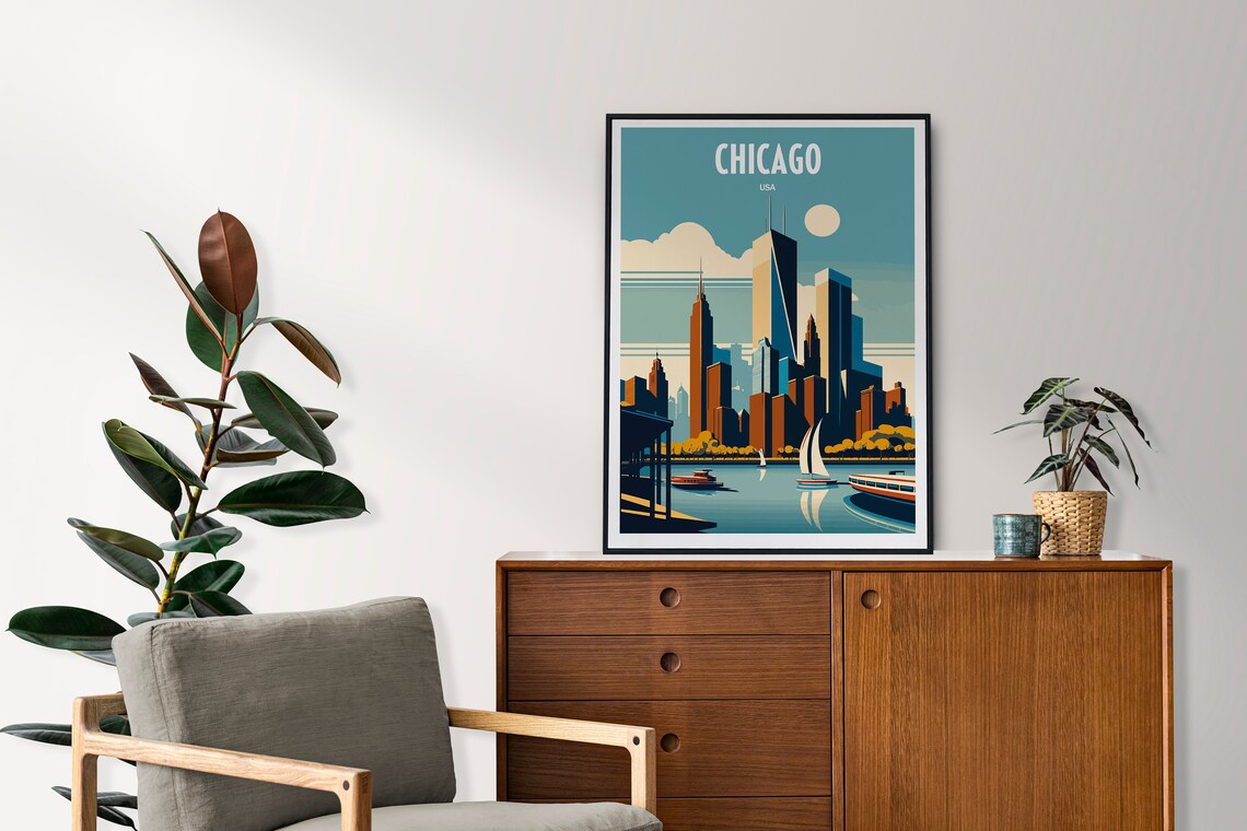 Chicago USA Lakefront Skyline Sailboats Vintage City Travel Poster - Image 3