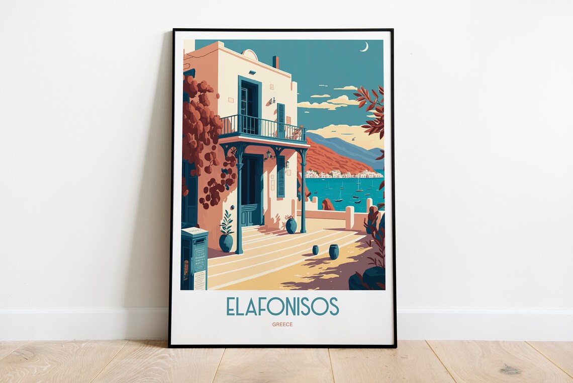Elafonisos Greece Harbour Travel Poster Aegean Seaside Vintage Art