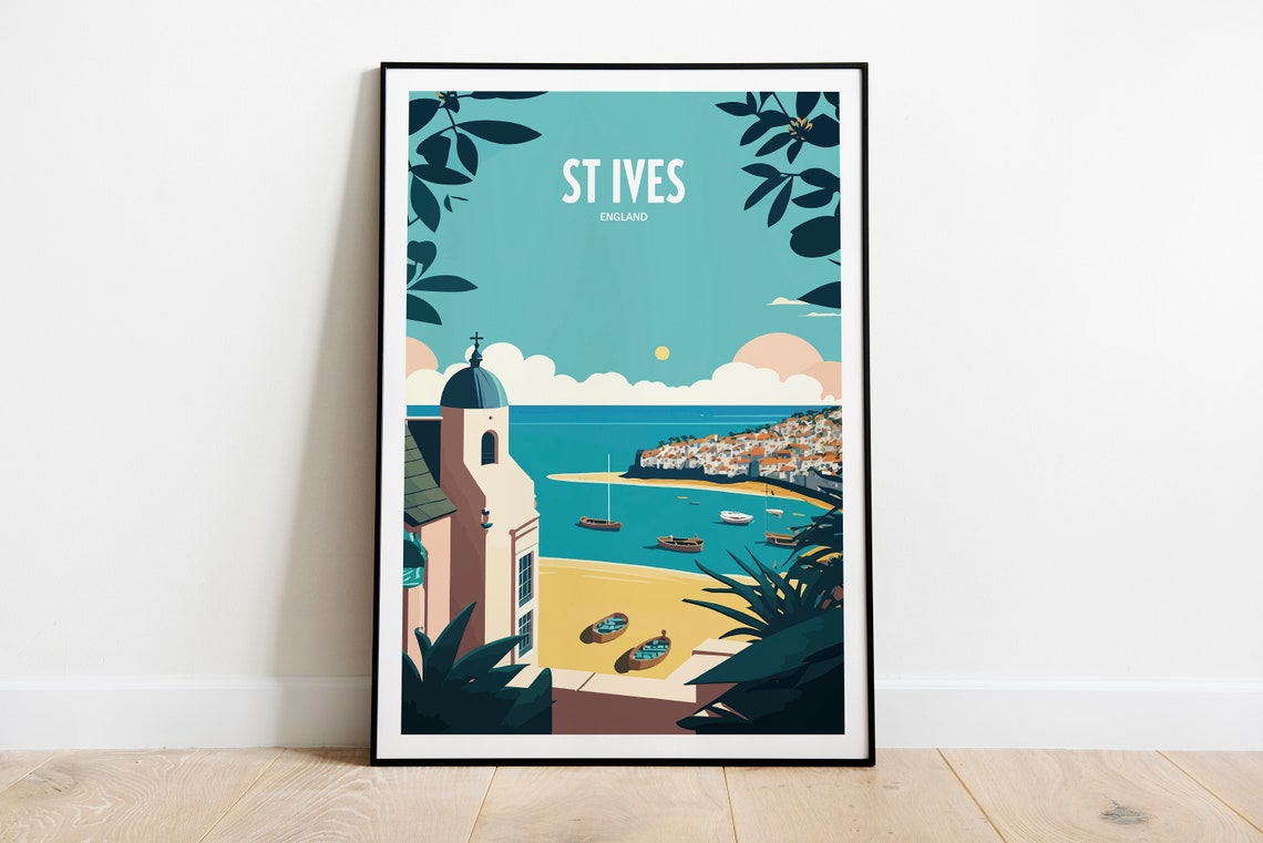 St Ives England Old Harbor Church Tower Beach Vintage Travel Poster