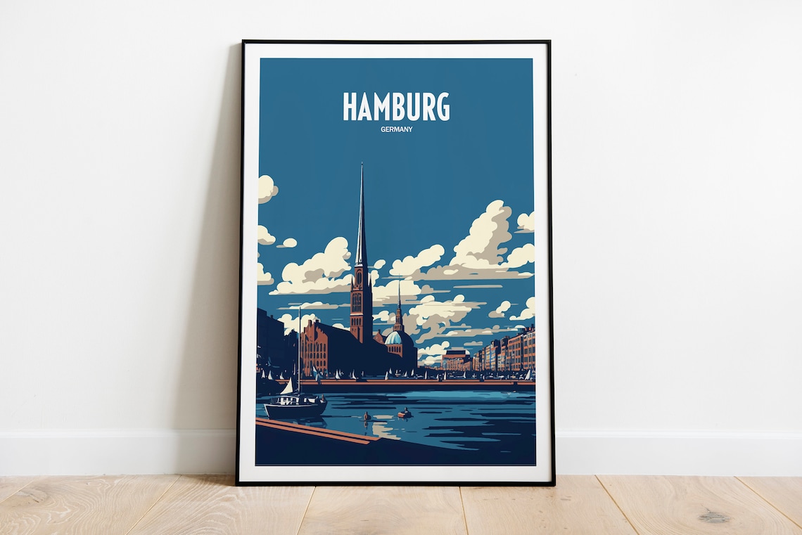 Hamburg Germany Harbor Skyline Church Spire Vintage Travel Poster