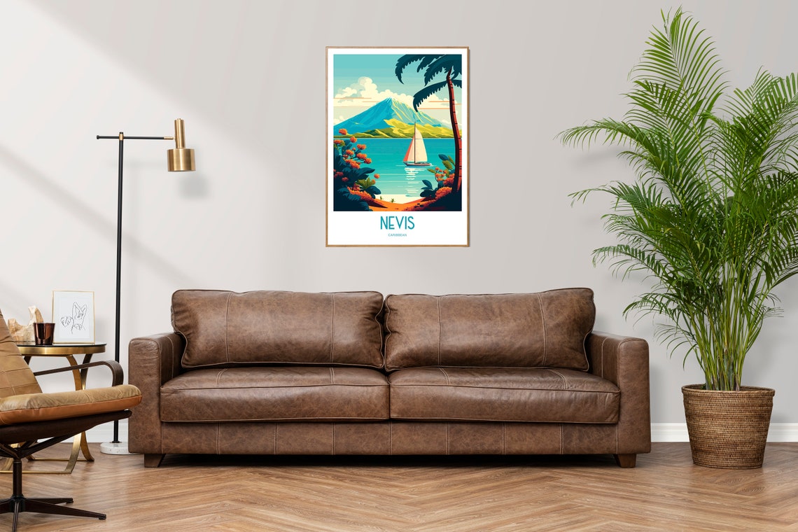 Nevis Caribbean Island Sailboat Volcano Vintage Style Travel Poster - Image 3