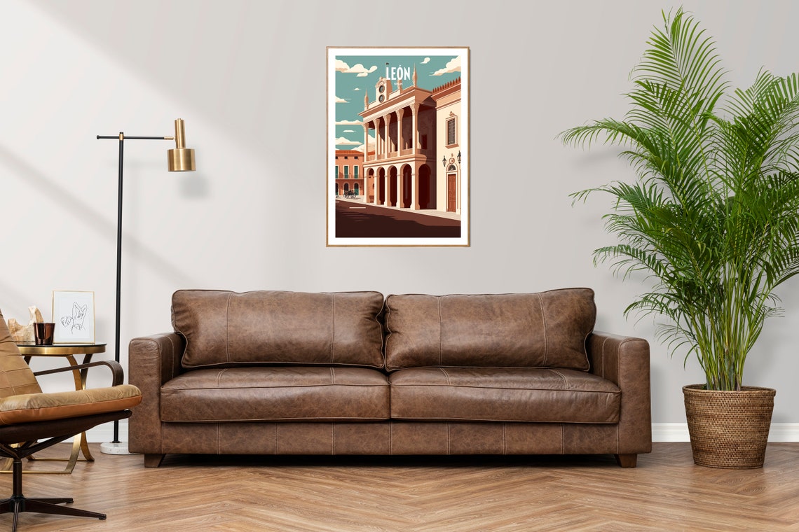 Leon Spain Neoclassical Colonnade Plaza Vintage Travel Poster - Image 3