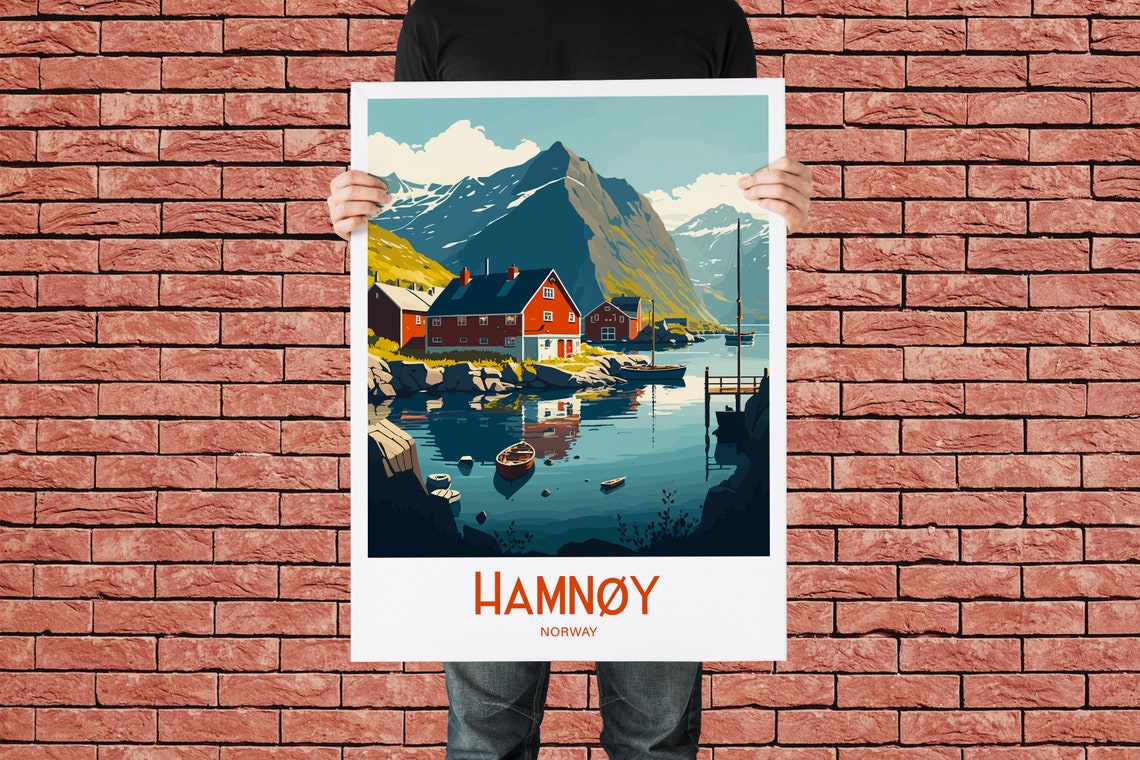 Hamnoy Norway Red Cabins Still Water Mountain Peaks Travel Poster - Image 2