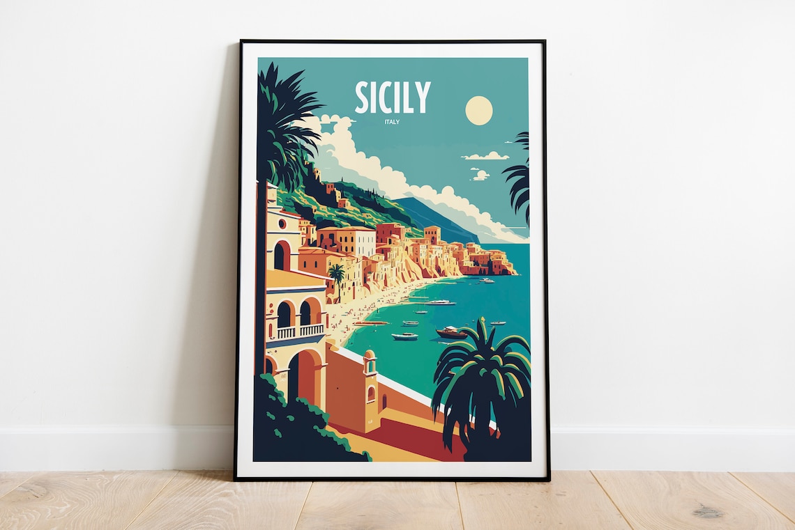 Sicily Italy Travel Poster, Seaside Landmark Print