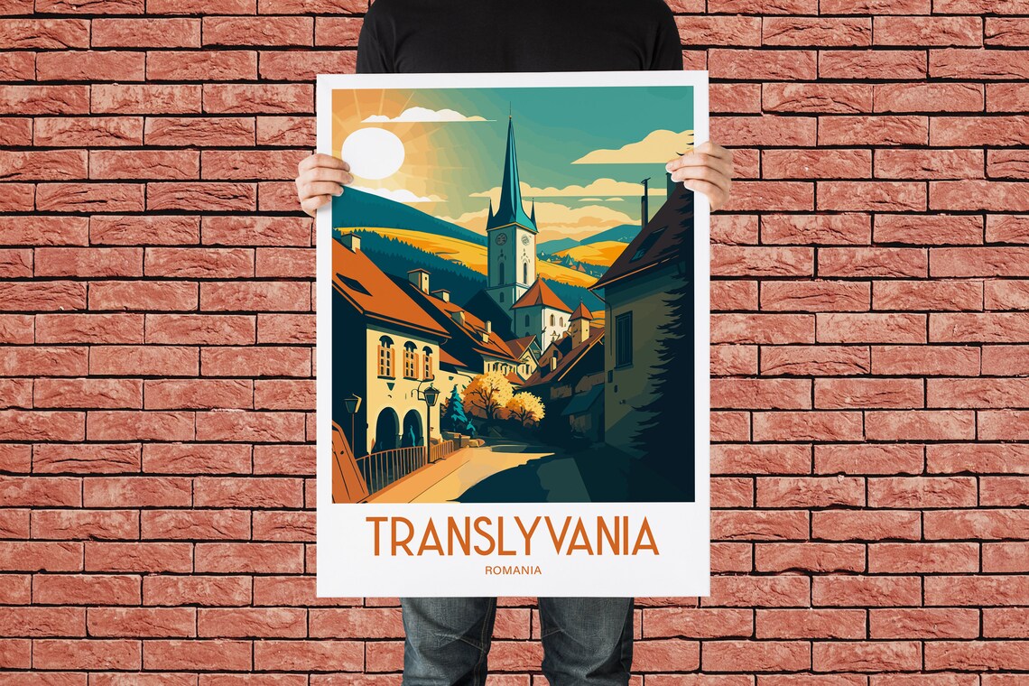 Transylvania Romania Village Street Church Spire Travel Poster - Image 2