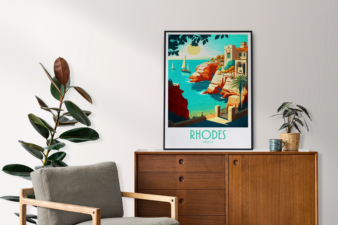 Vintage Rhodes Greece Travel Poster Red Cliffs Sailboat Coast Art - Image 4