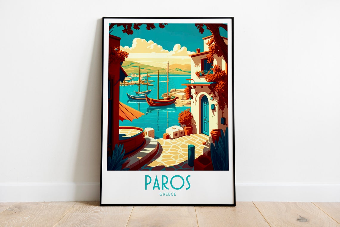 Paros Greece Aegean Harbor Sailboats Vintage Travel Art Poster