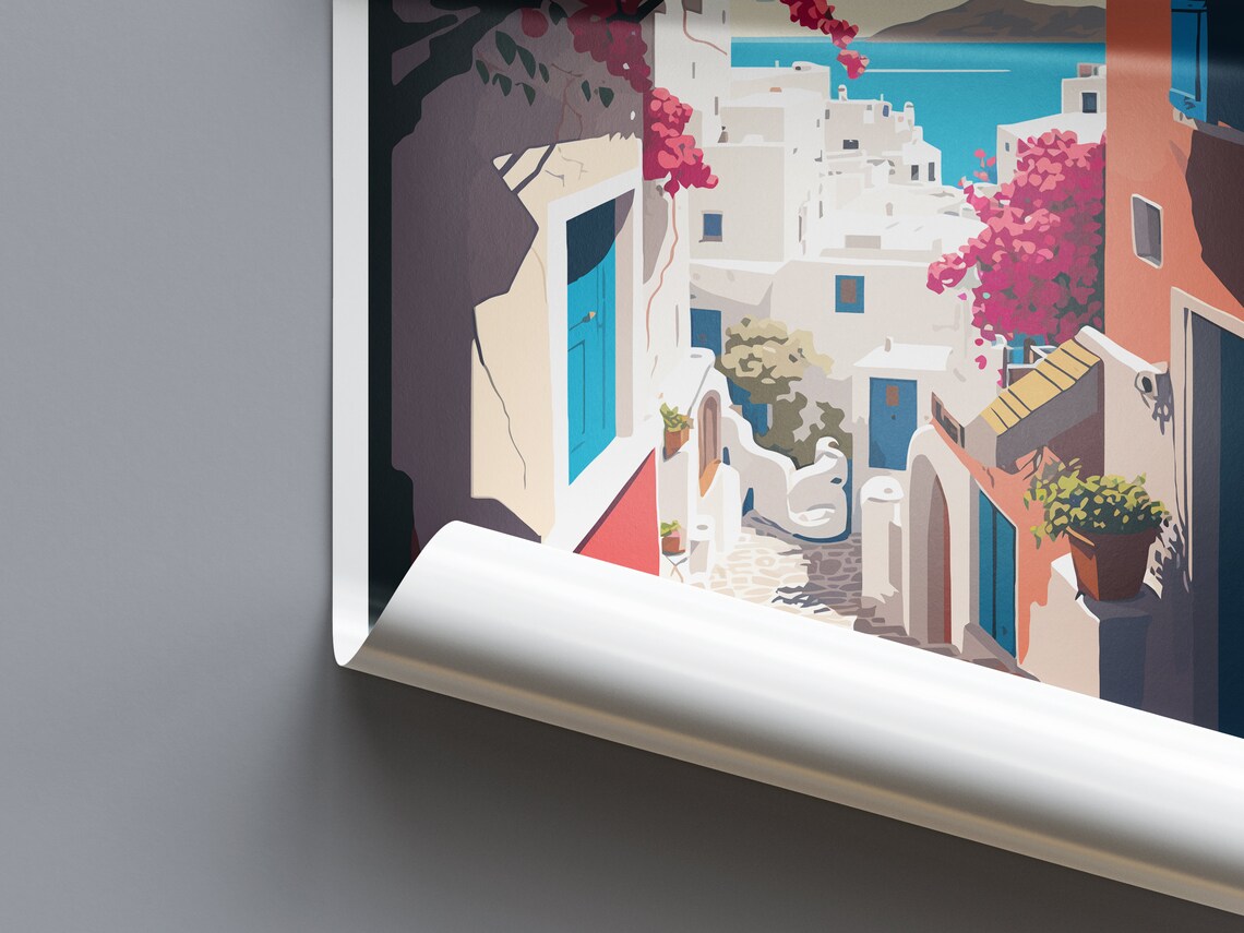 Santorini Greece Travel Poster with Whitewashed Village and Sea