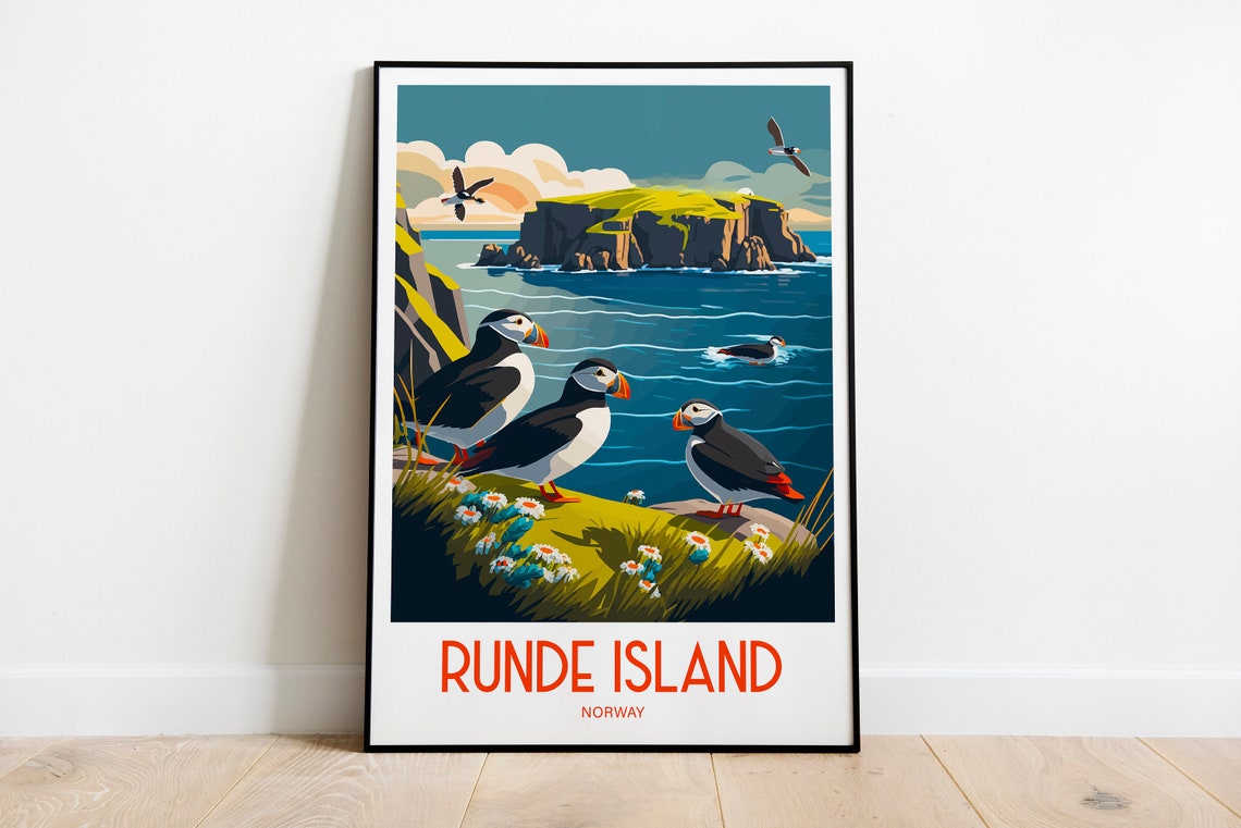 Runde Island Norway Puffins Cliff Seabirds Vintage Travel Poster