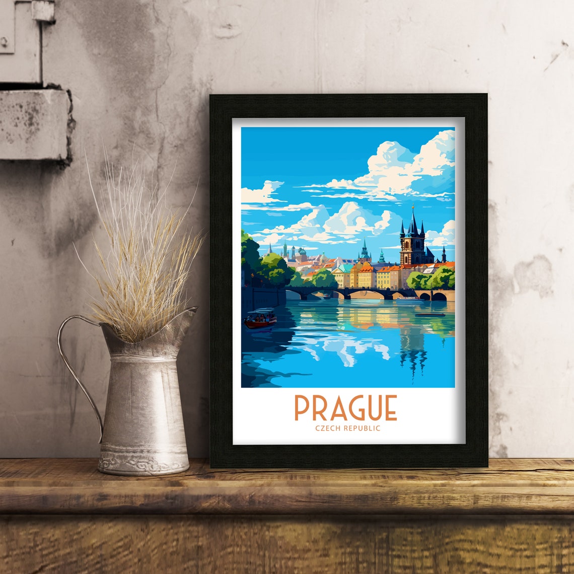 Prague Czech Republic Charles Bridge Travel Poster River Vintage Art - Image 3