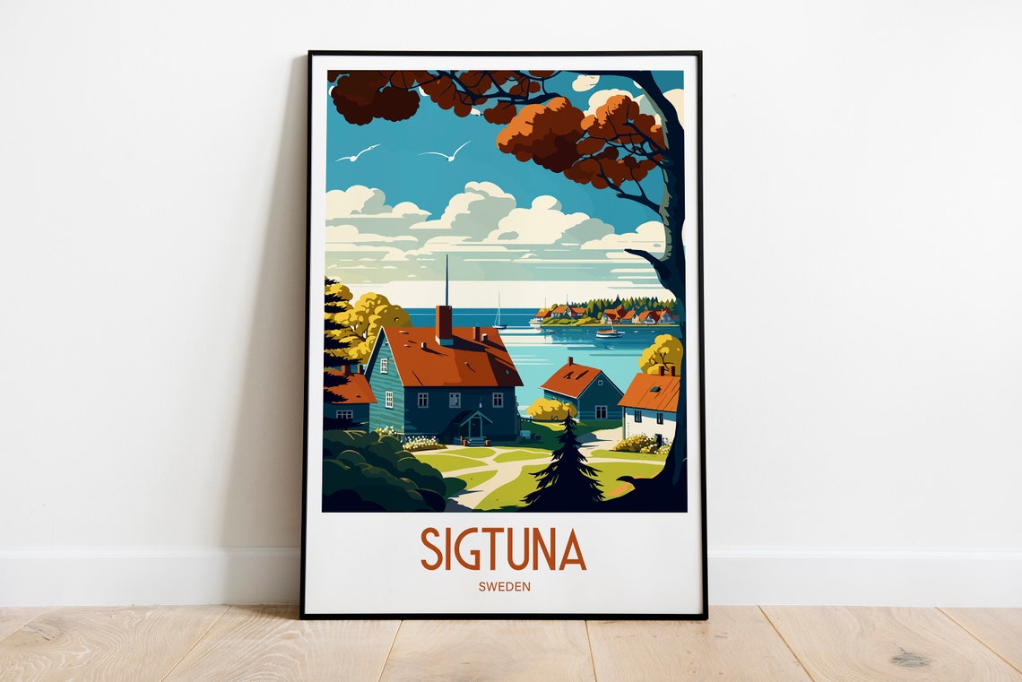 Sigtuna Sweden Waterfront Houses Vintage Travel Poster Wall Decor