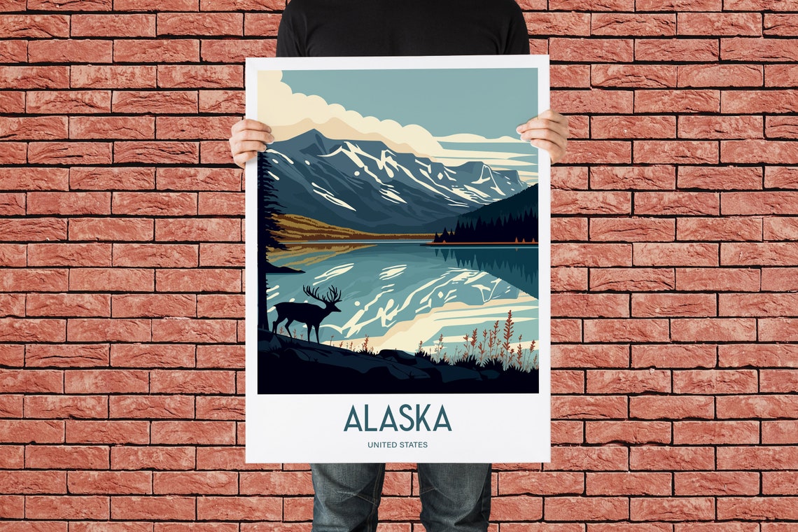 Alaska United States Mountain Lake Deer Vintage Travel Poster - Image 3