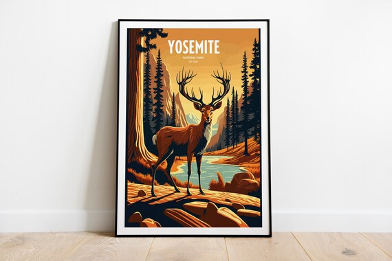 Yosemite National Park Deer Poster Sunset Wildlife Vintage Art Gift
