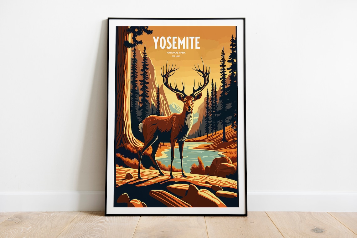 Yosemite National Park Deer Poster Sunset Wildlife Vintage Art Gift