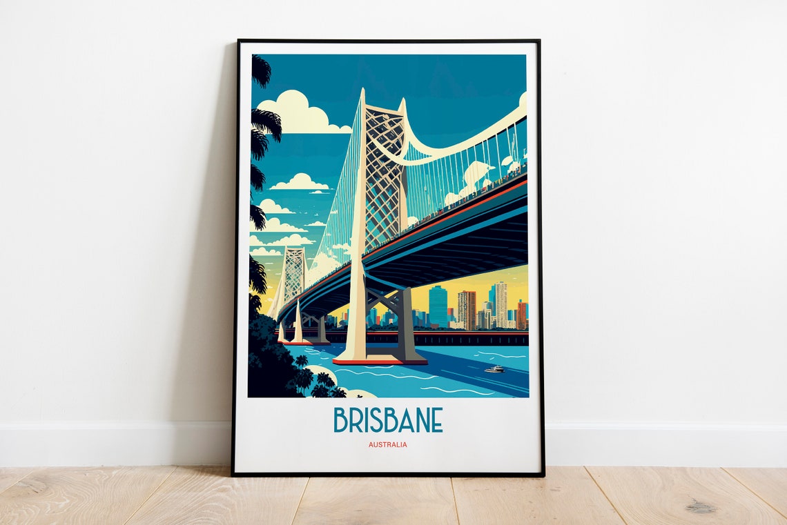 Brisbane Australia Story Bridge Skyline Vintage Travel Poster