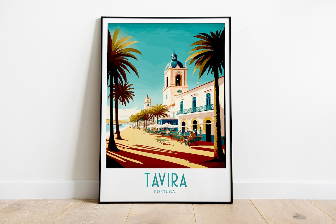 Tavira Portugal Waterfront Promenade Retro Travel Art Poster