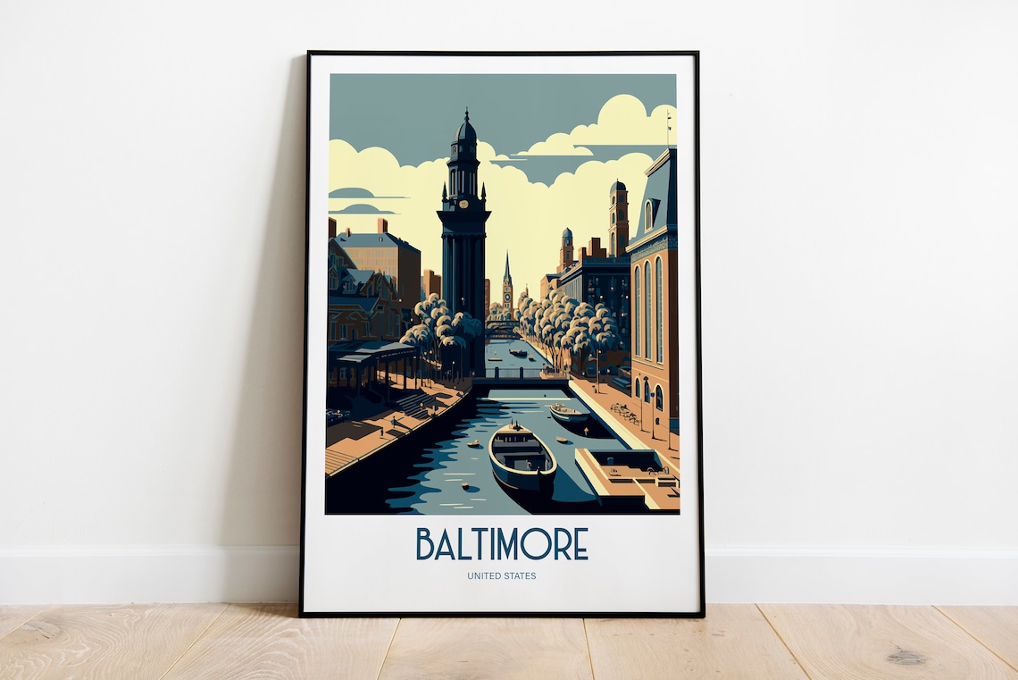 Baltimore USA Historic Harbor Boats Vintage Travel Poster Art