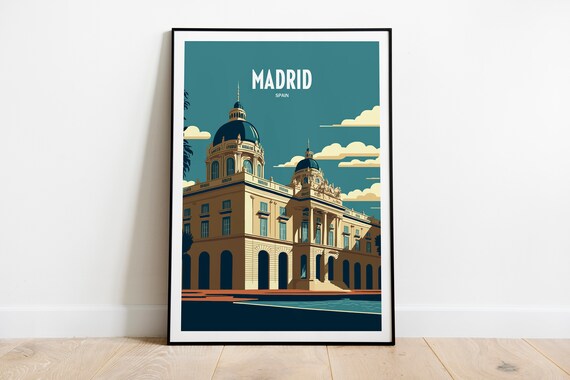 Madrid Spain Grand Domed Palace Teal Sky Vintage Travel Poster