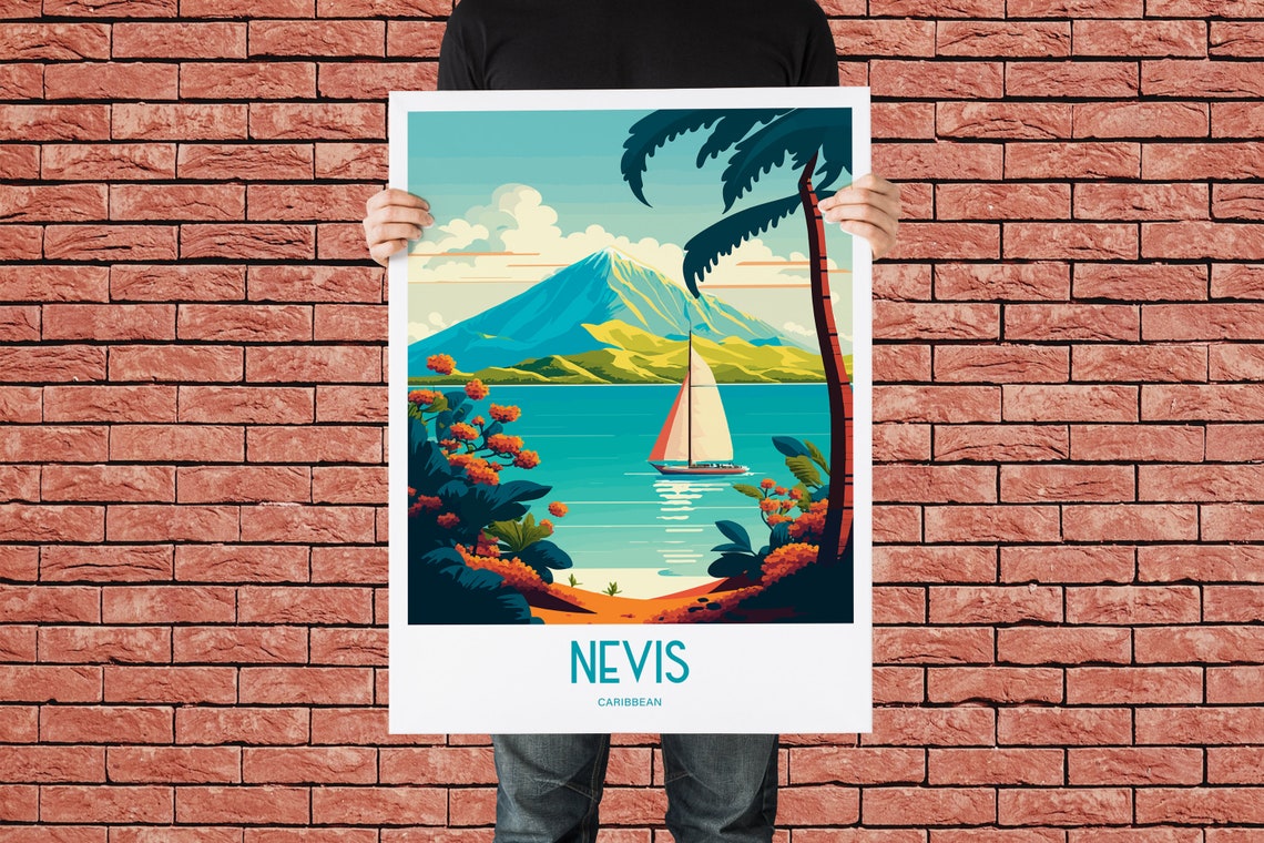 Nevis Caribbean Island Sailboat Volcano Vintage Style Travel Poster - Image 4