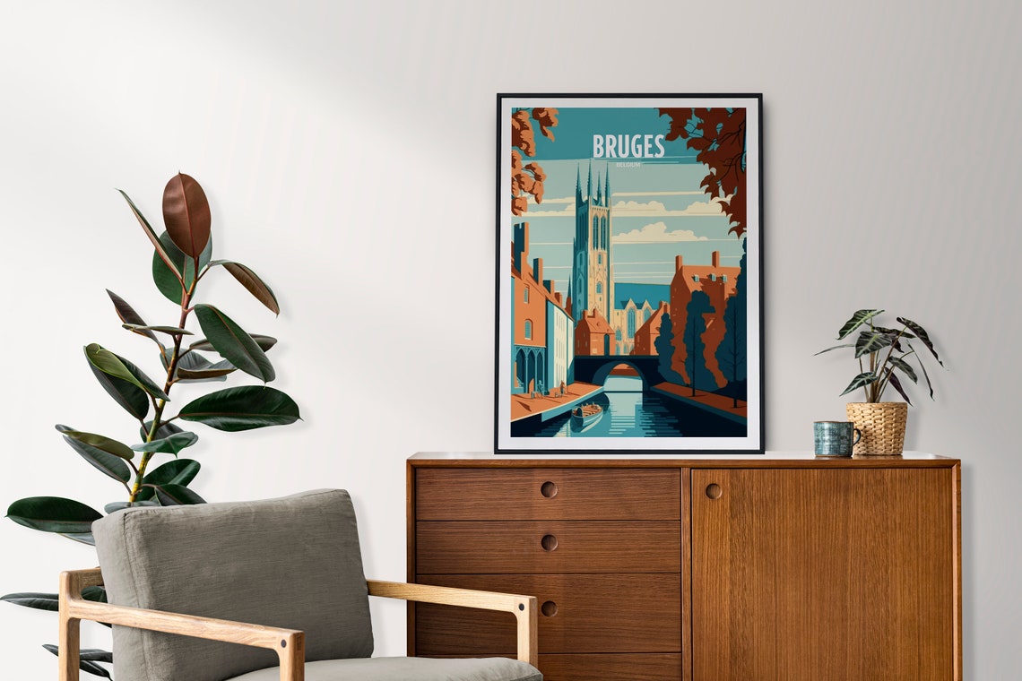 Bruges Belgium Gothic Bell Tower Canal Scene Retro Travel Poster - Image 2
