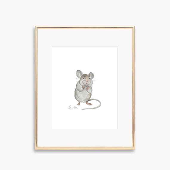 Cute Watercolor Mouse Nursery Gray Woodland Animal Art Poster