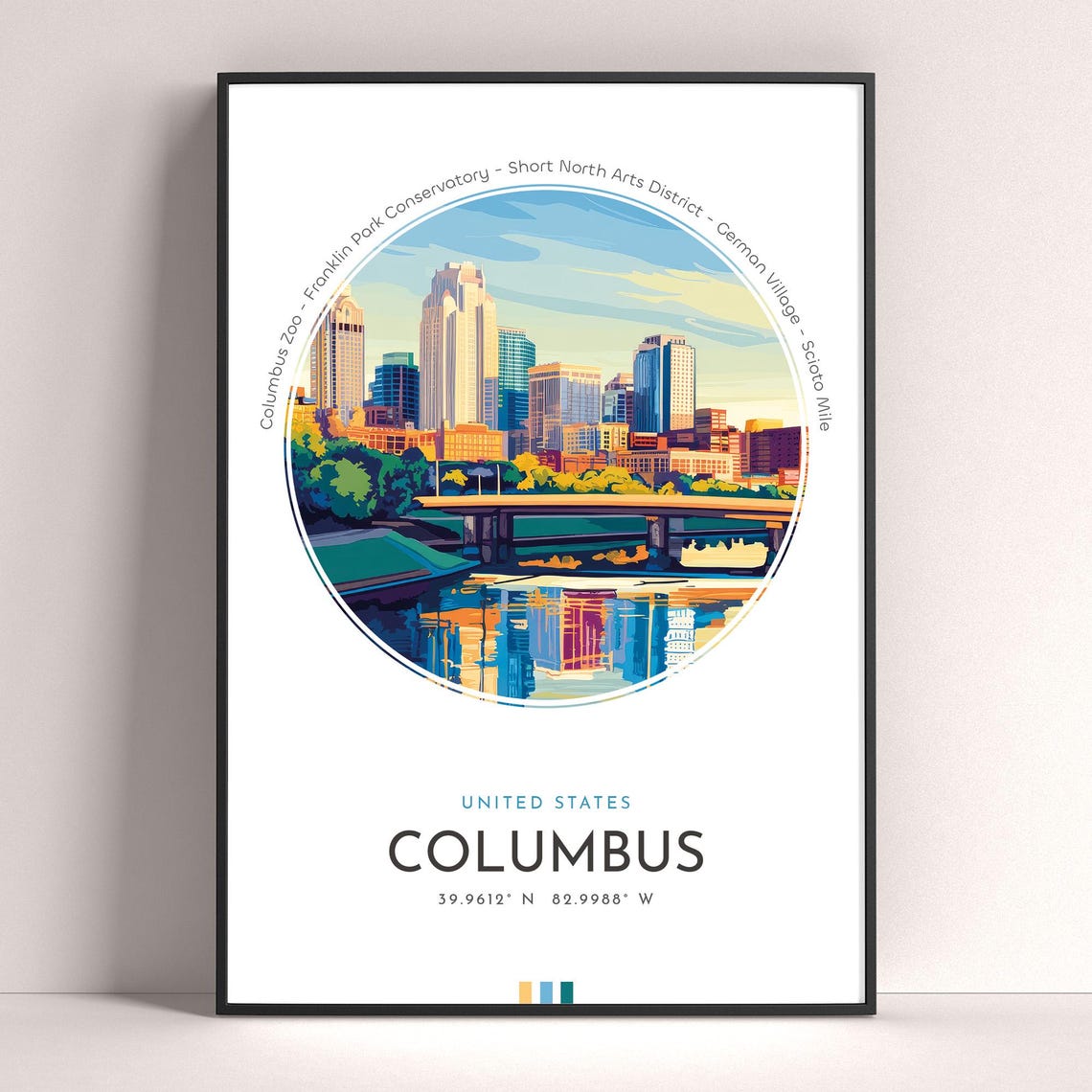Columbus Ohio Downtown Skyline River Reflection Travel Poster