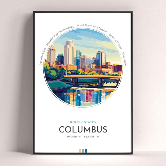 Columbus Ohio Downtown Skyline River Reflection Travel Poster