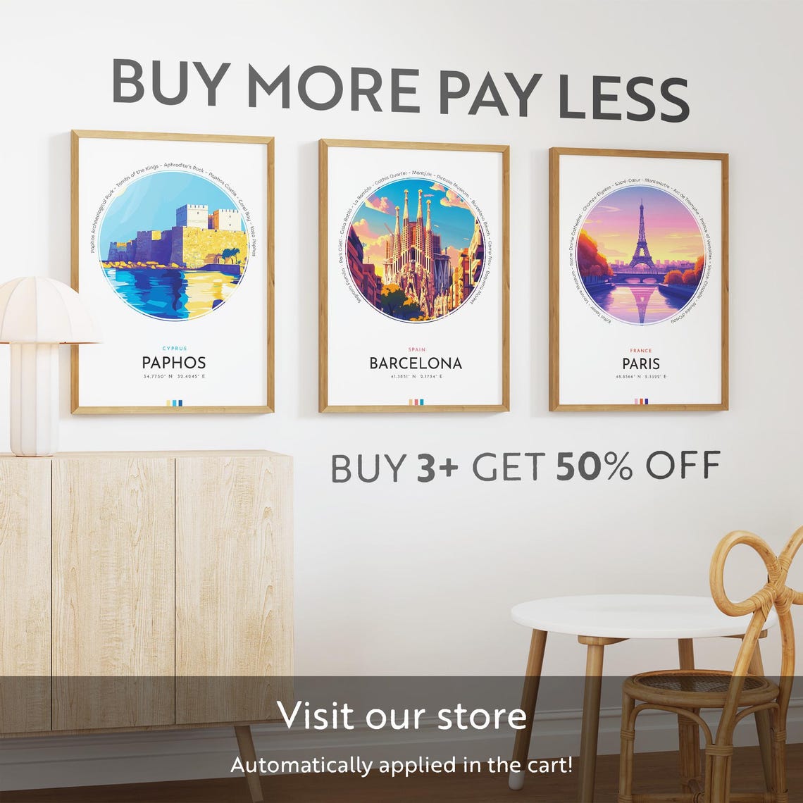 Paphos Cyprus Seaside Castle Harbour Sunset Travel Art Poster - Image 3