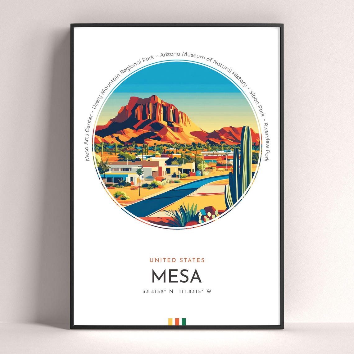Mesa Arizona Red Desert Mountains Saguaro Sunset Travel Poster