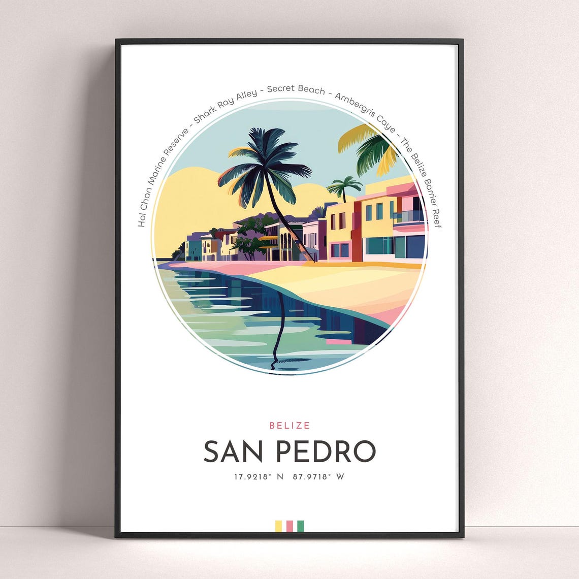 San Pedro Belize Palm Beach Caye Sunset Vintage Travel Poster